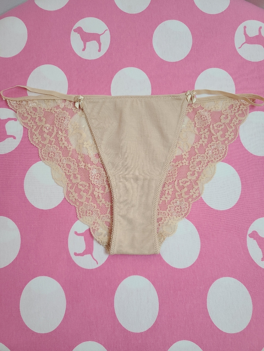 New VTG VS PINK Classic Cotton Low Rise Lace Back String Bikini Panty Size Lg